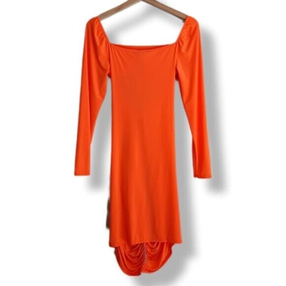 BOOHOO Cut-out Ruched Long Sleeve Mini Dress Orange Sz 8 Flawed - Picture 9 of 14
